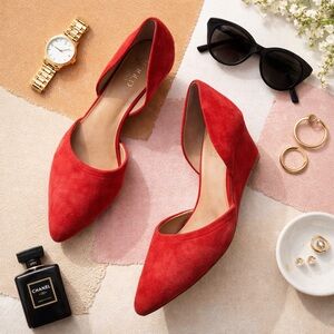 Franco Sarto Fenway Red Suede Pointed Toe Wedge Pumps Quiet Luxury Parisian Chic